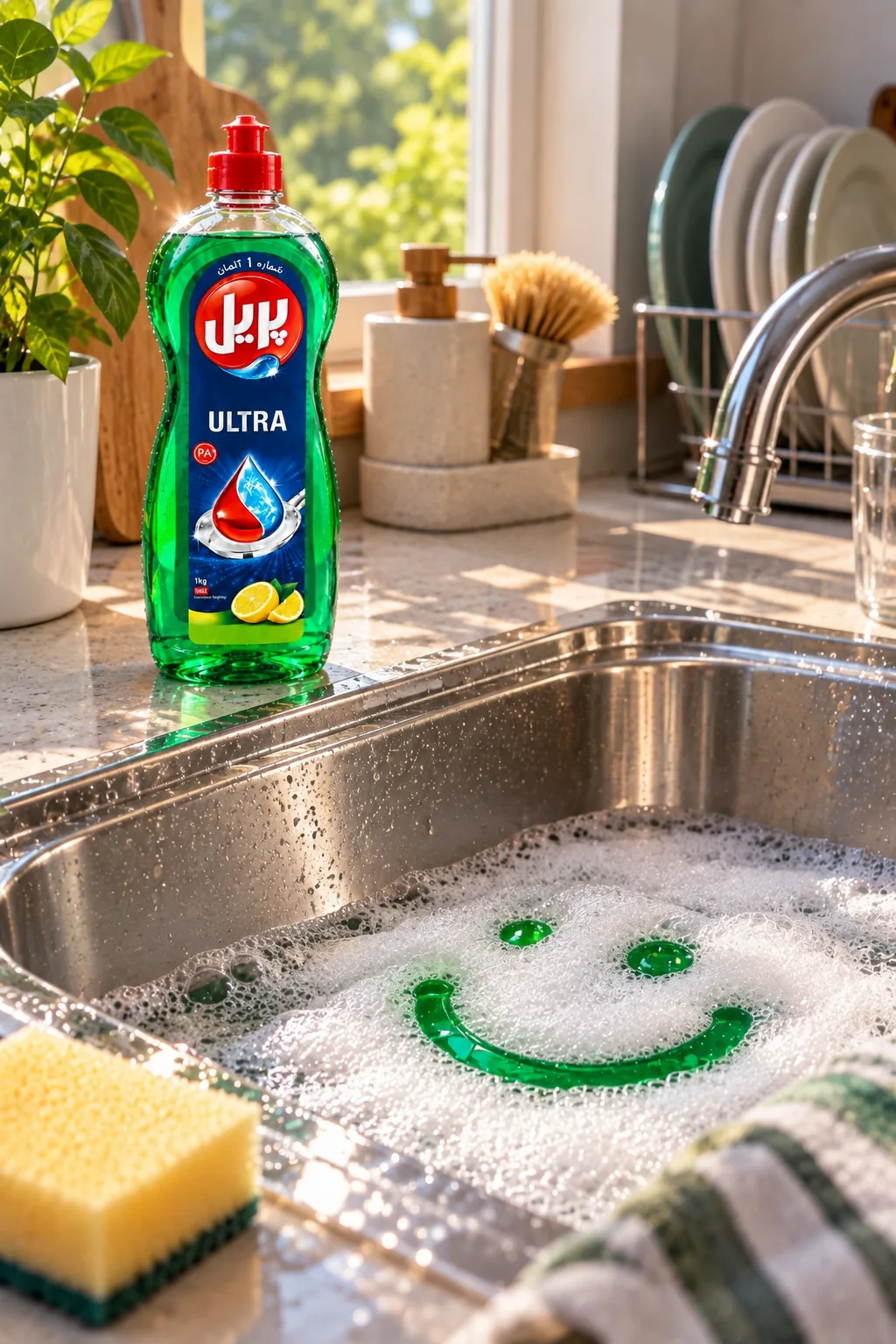 Pril dishwashing liquid at a kitchen sink